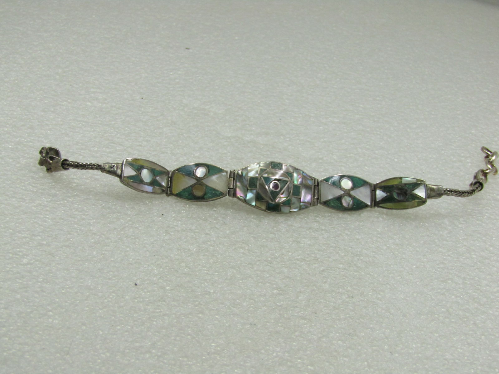 Vintage .950 Silver Southwestern Inlaid Sugalite, Marcasite, MOP, Abalone Bracelet, - 2
