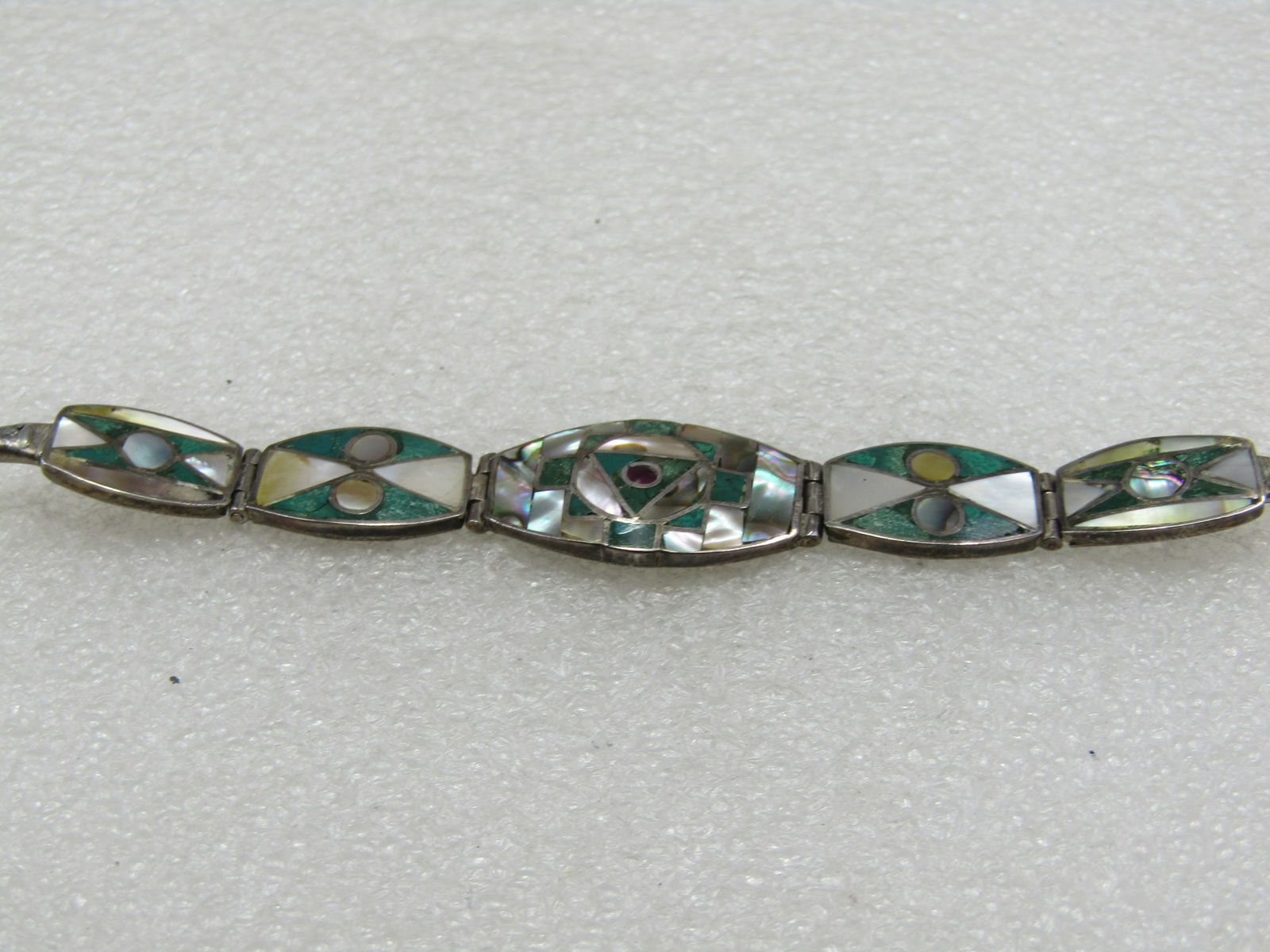Vintage .950 Silver Southwestern Inlaid Sugalite, Marcasite, MOP, Abalone Bracelet, - 3