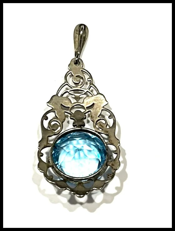 Antique Edwardian Blue Glass Silver Pendant - 4