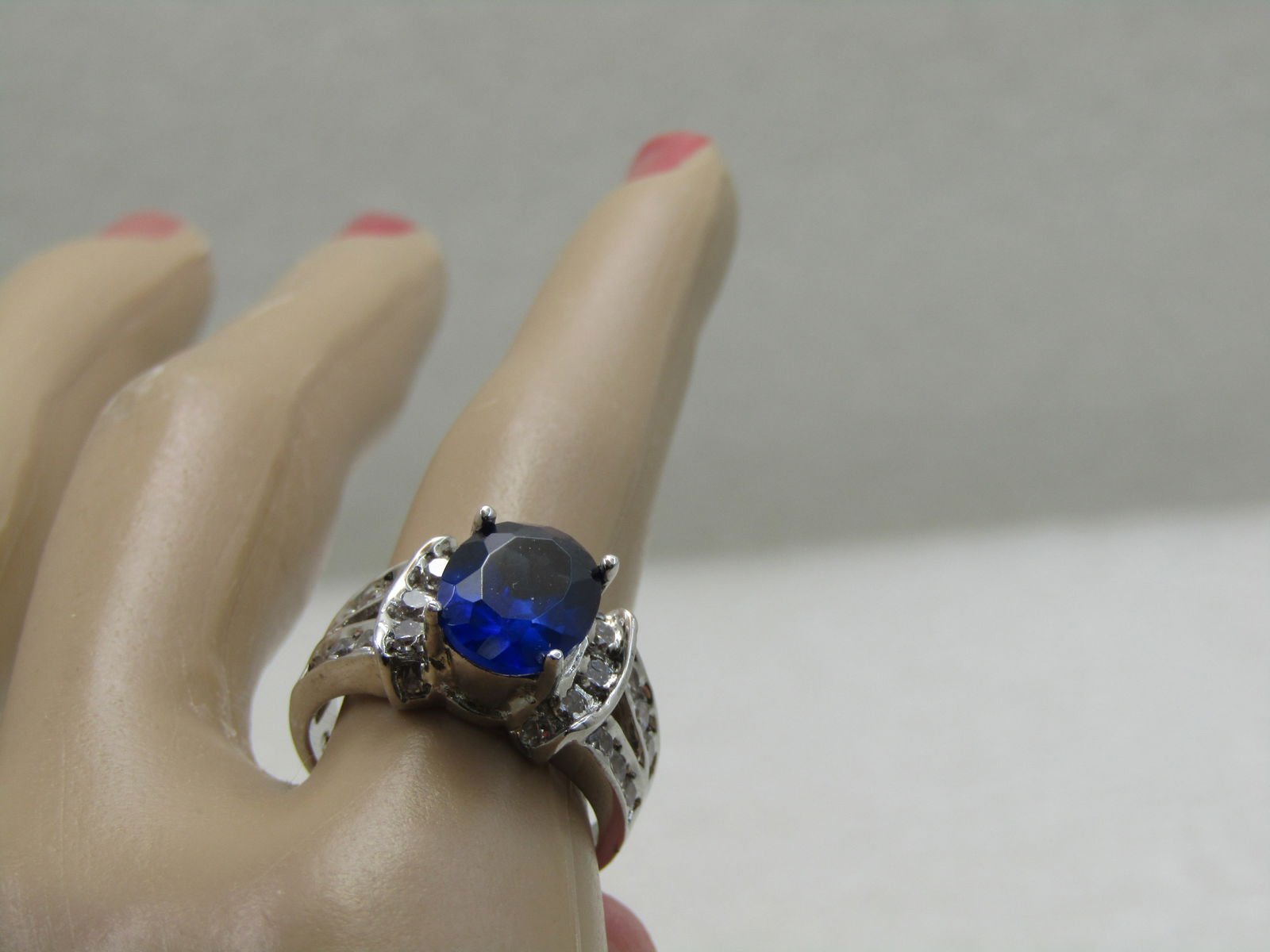 Simulated Blue Sapphire Ring with Clear CZ, Sz. 9.5 - 6