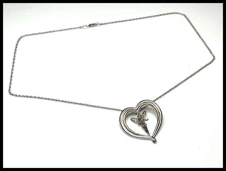Vintage Sterling Silver Two-Tone Tinker Bell Heart Necklace - 8