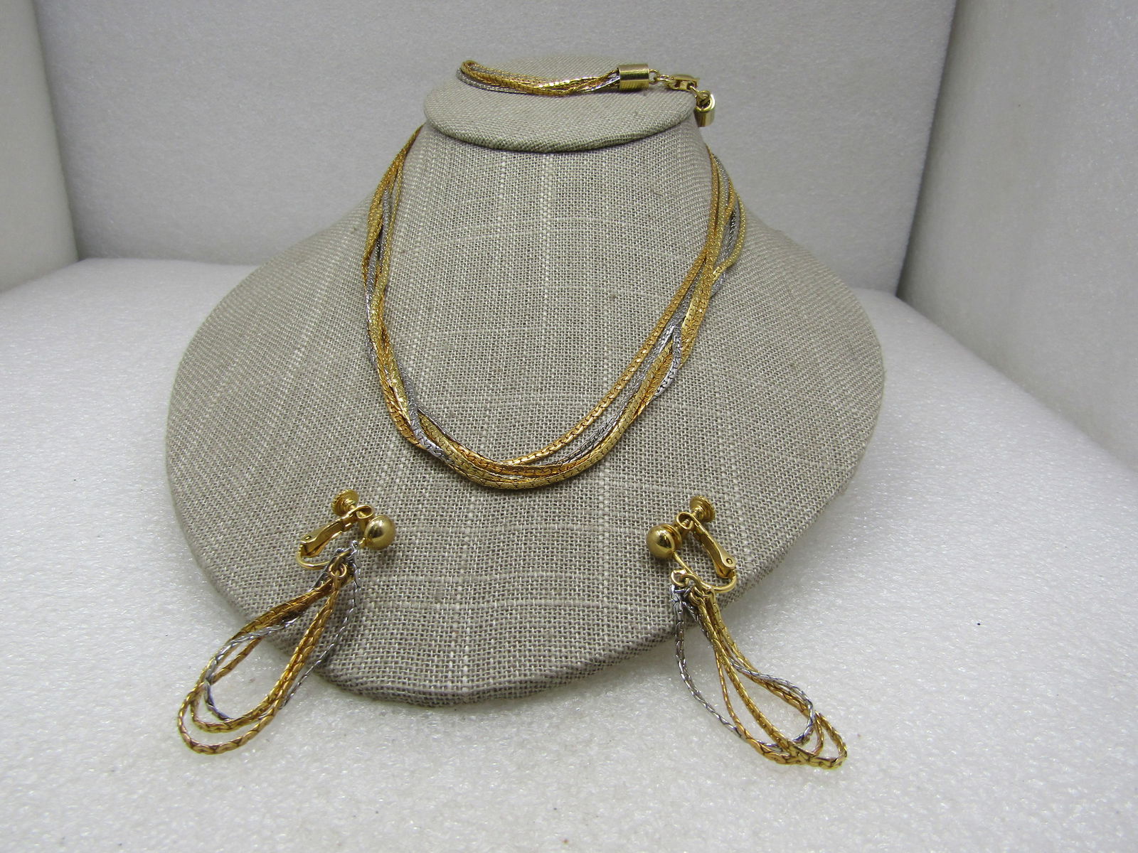 Vintage 7 Strand Two-Tone Necklace Earrings Set, Clip, 24" - 2
