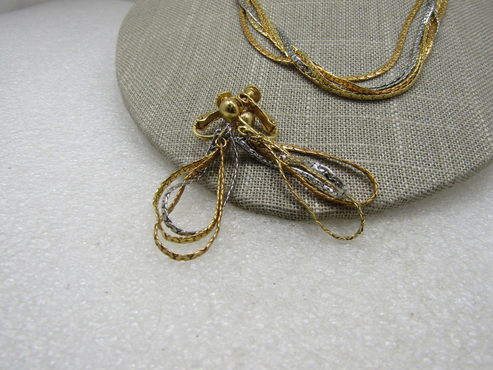Vintage 7 Strand Two-Tone Necklace Earrings Set, Clip, 24" - 4