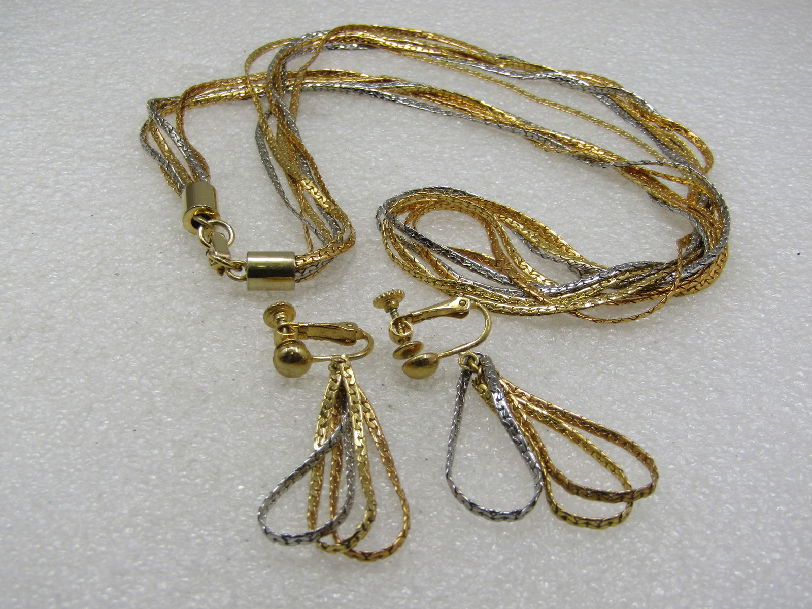 Vintage 7 Strand Two-Tone Necklace Earrings Set, Clip, 24" - 5