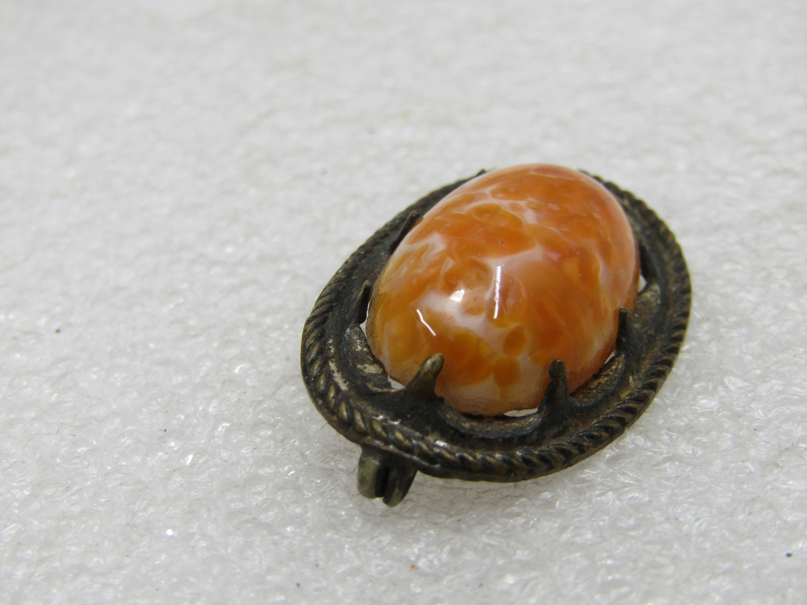 Vintage Orange & White Czech Glass Brooch, 1930's, C-Clasp, - 3