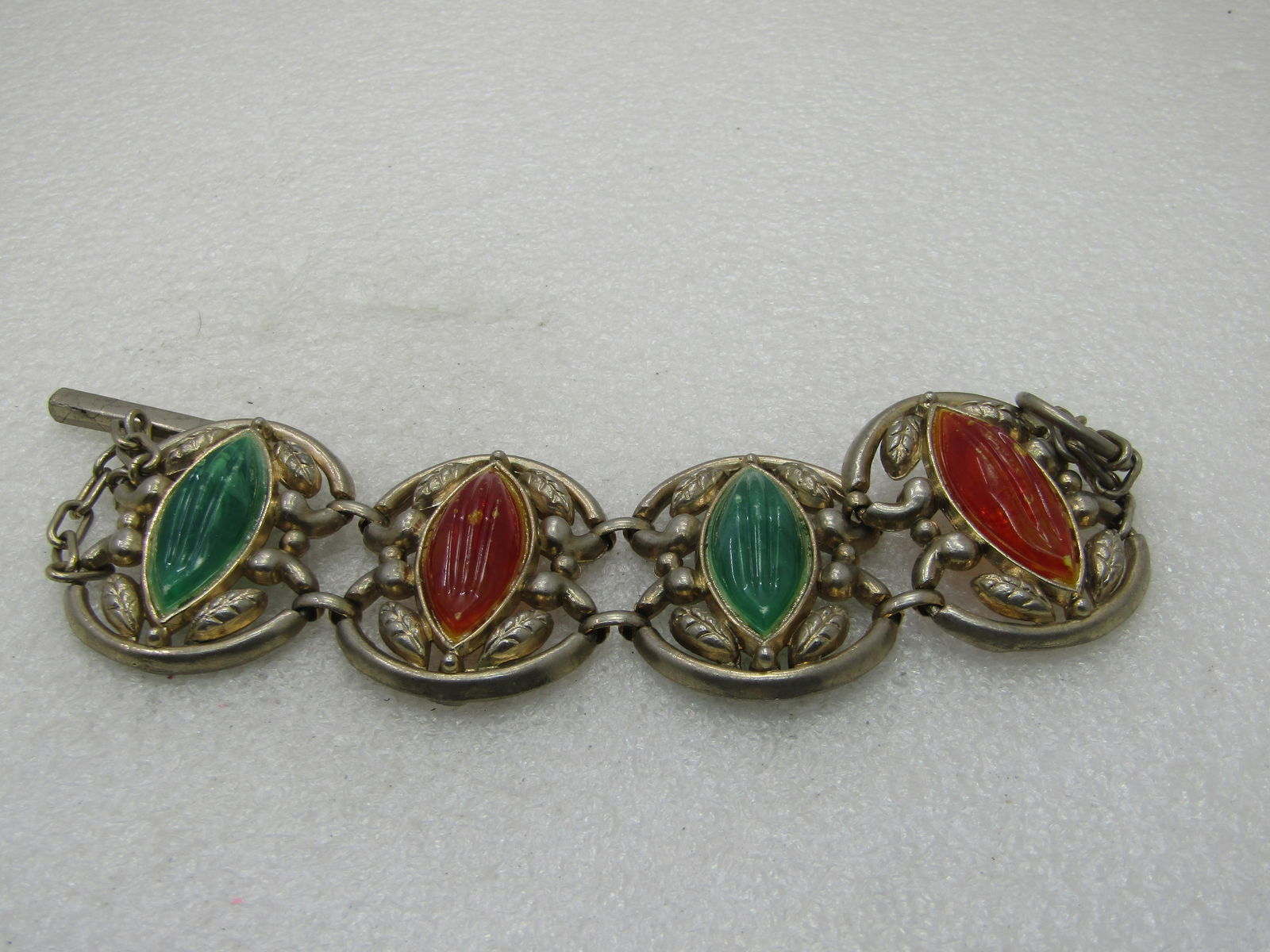 Vintage Runway Statement Bracelet, Green/Amber Ridged Lucite Stones, 8" - 2