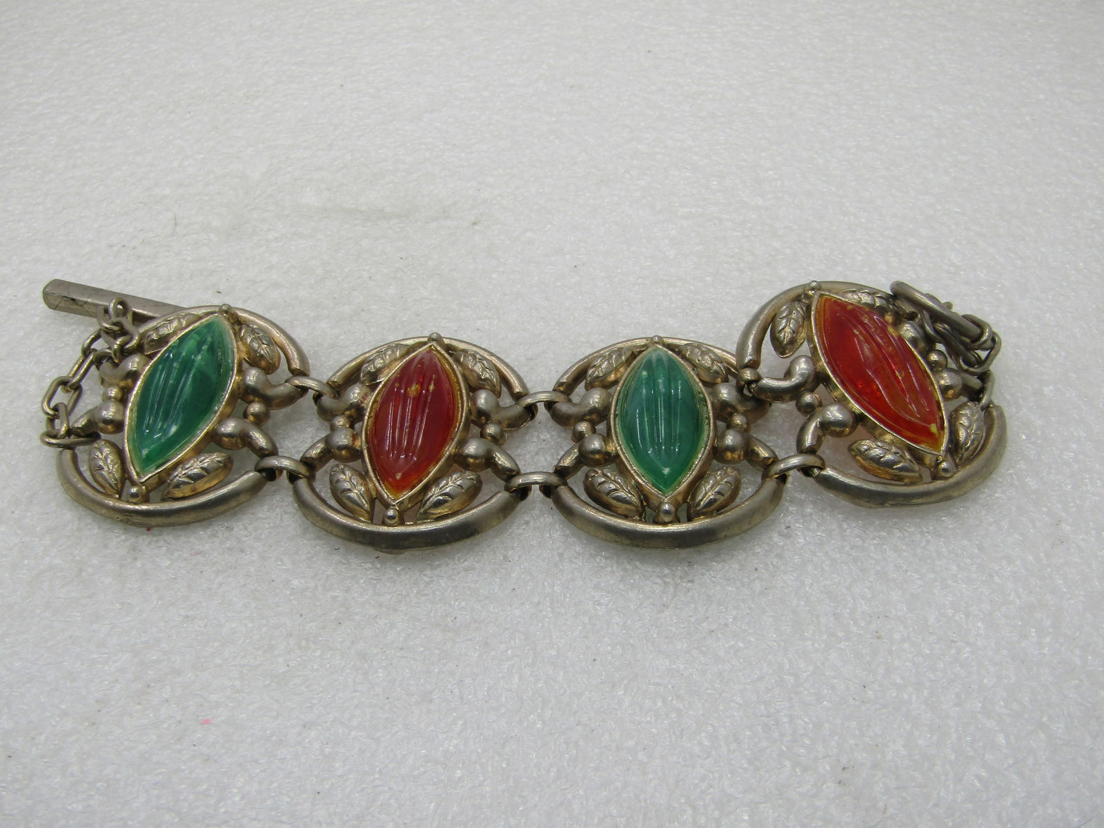 Vintage Runway Statement Bracelet, Green/Amber Ridged Lucite Stones, 8" - 3