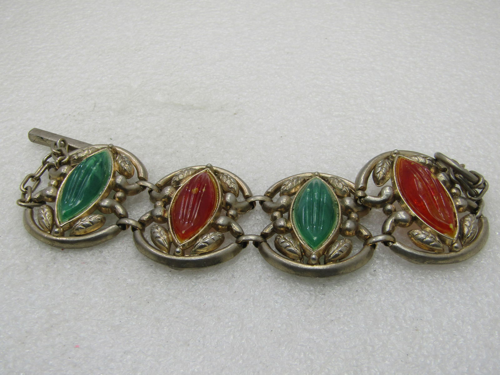 Vintage Runway Statement Bracelet, Green/Amber Ridged Lucite Stones, 8" - 4