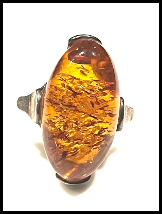 Vintage Sterling Silver Amber Ring - 2