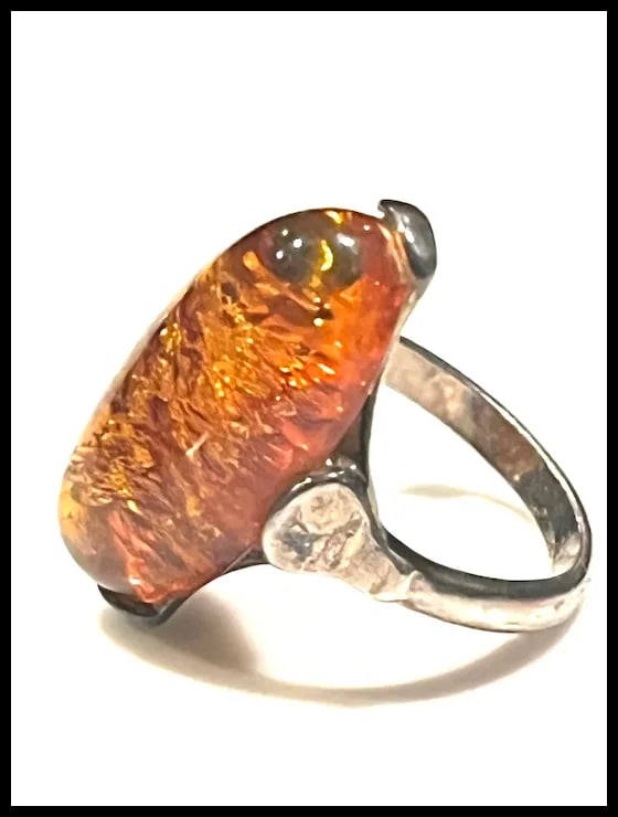 Vintage Sterling Silver Amber Ring - 3