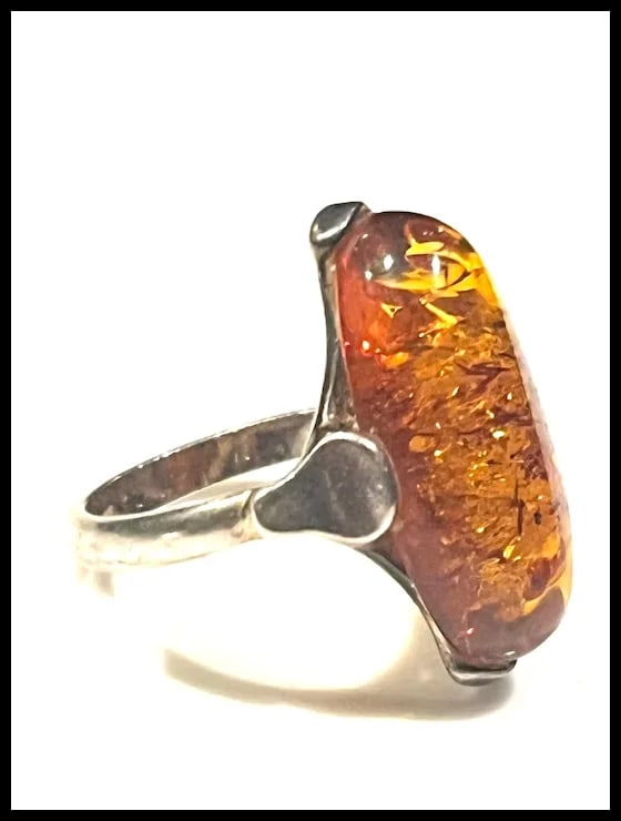 Vintage Sterling Silver Amber Ring - 4