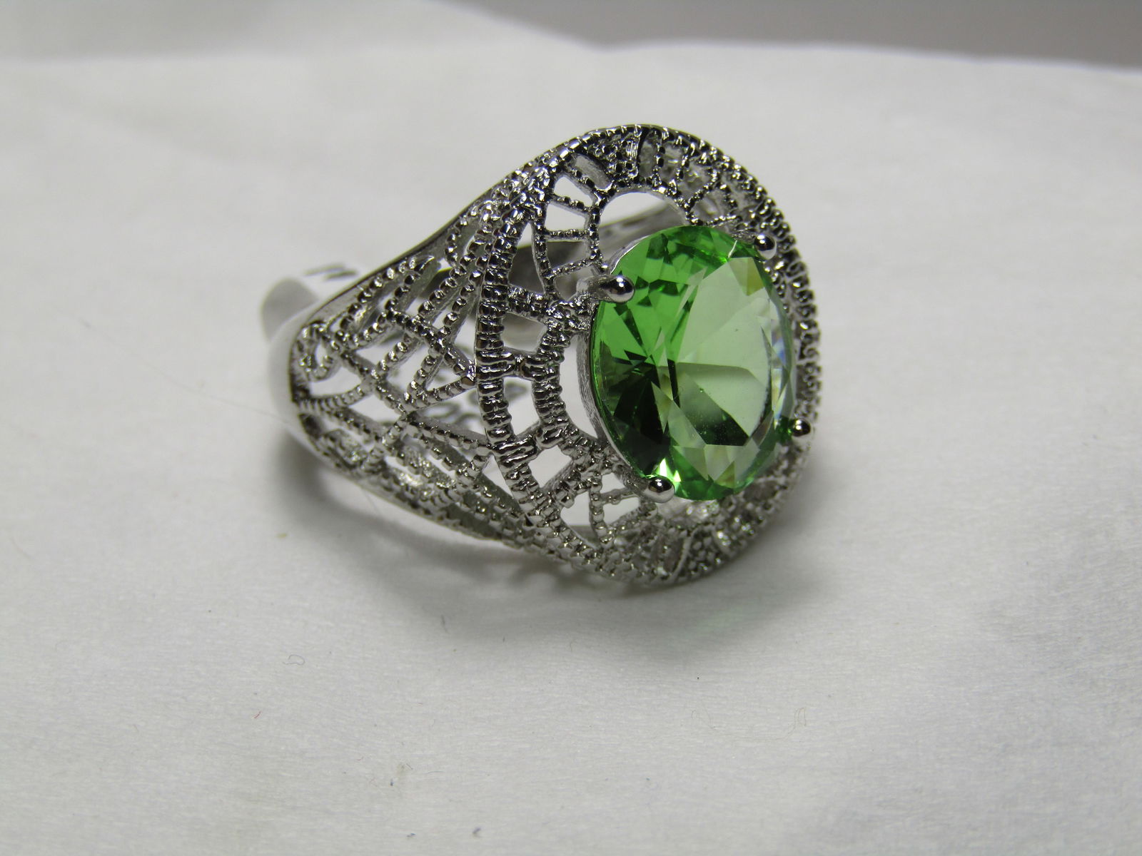 Silver Filigree Green Crystal Ring, Sz. 8.5, Statement Ring - 2