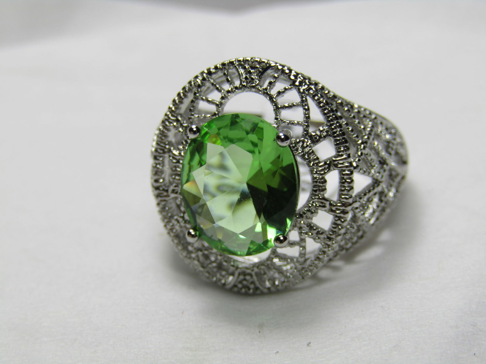 Silver Filigree Green Crystal Ring, Sz. 8.5, Statement Ring - 3