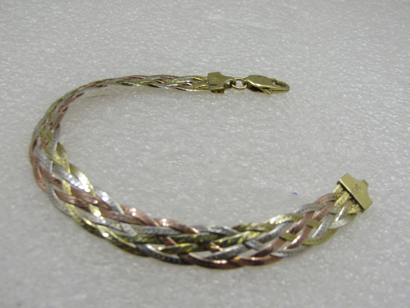Sterling Silver Tri-Color Braided Herringbone Bracelet, 7", Signed FMC, 9mm - 2