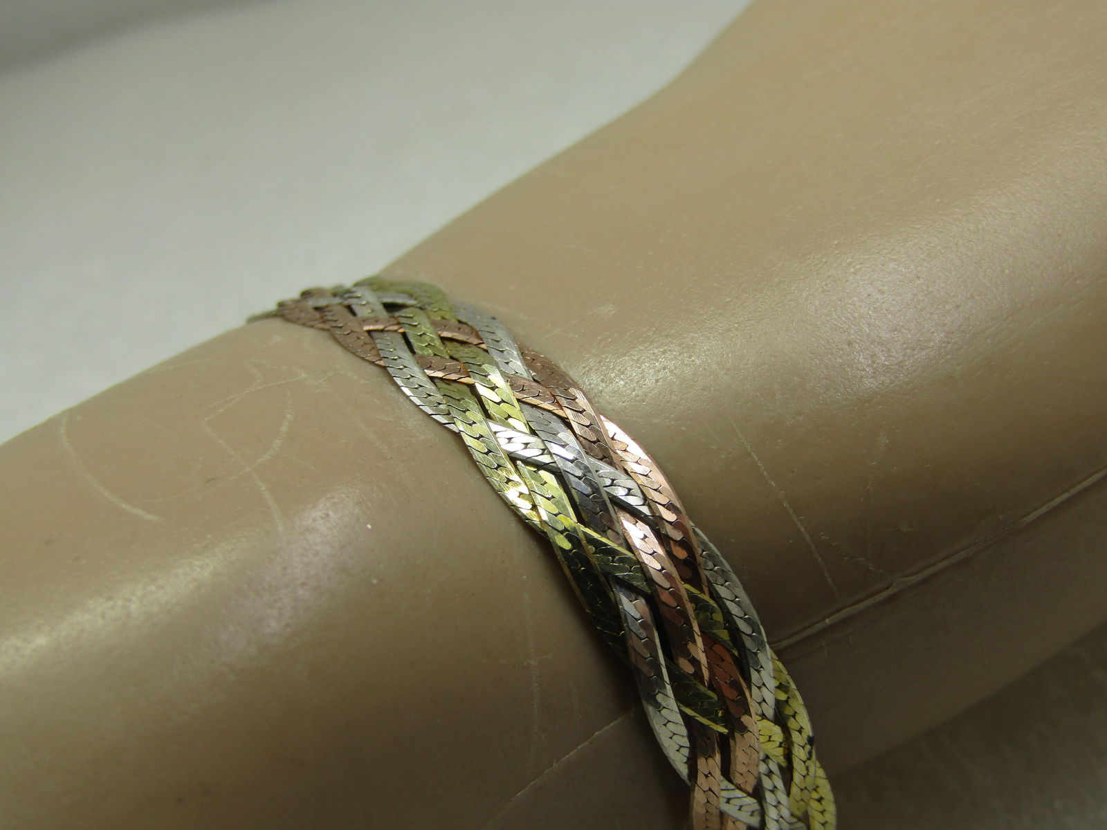 Sterling Silver Tri-Color Braided Herringbone Bracelet, 7", Signed FMC, 9mm - 6