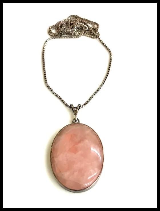 Vintage Sterling Silver Rose Quartz Oval Pendant on Sterling Silver Chain Necklace - 2