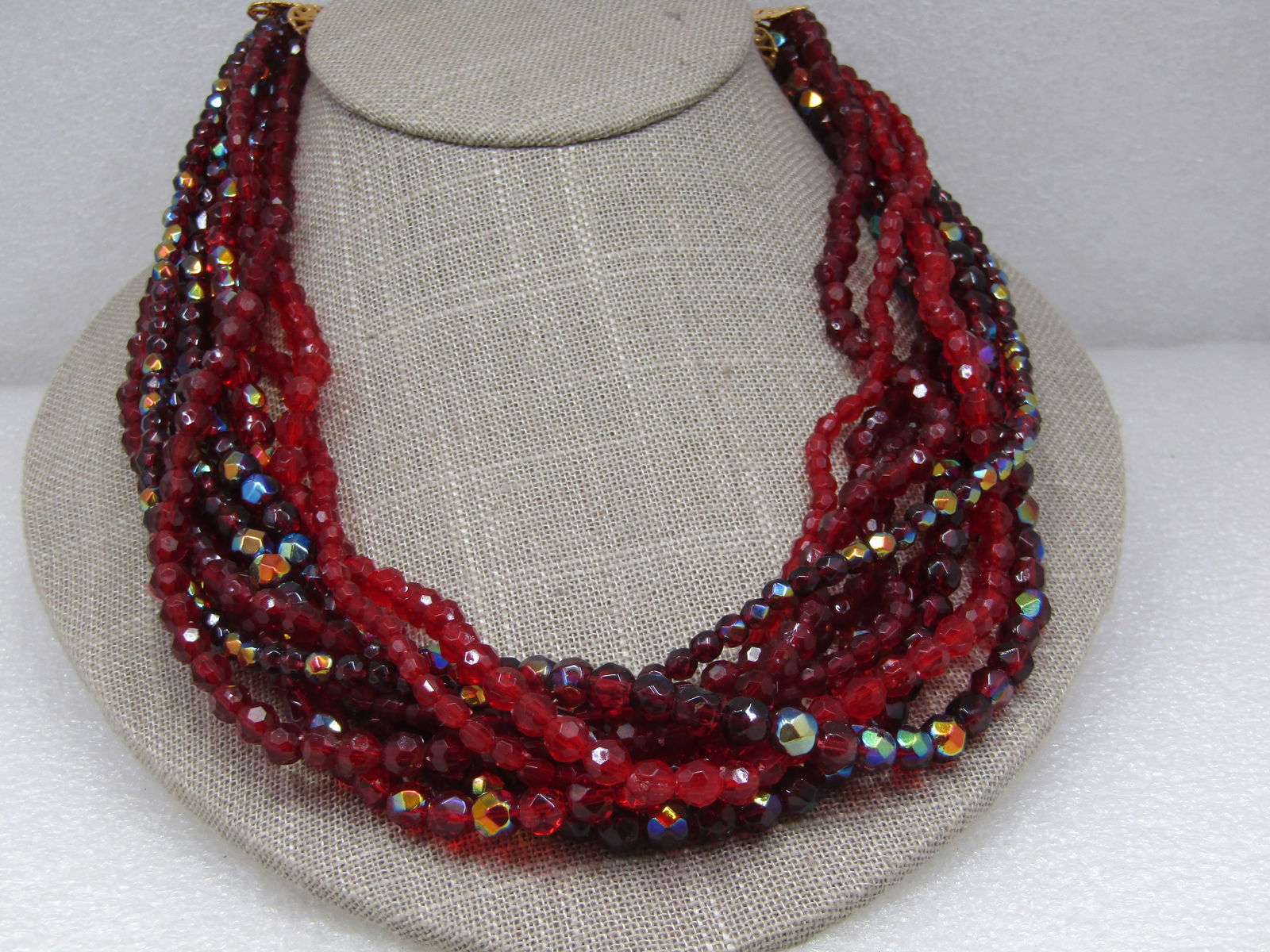 Vintage Red Beaded Torsade Necklace,20", Aurora Borealis - 3