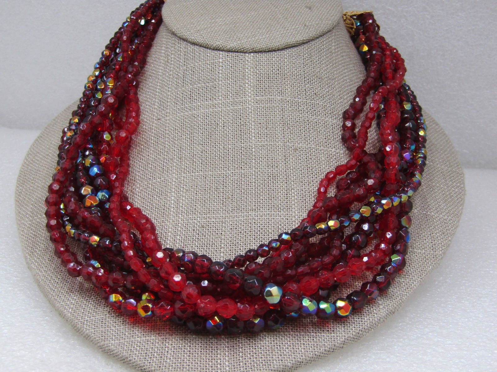 Vintage Red Beaded Torsade Necklace,20", Aurora Borealis - 4