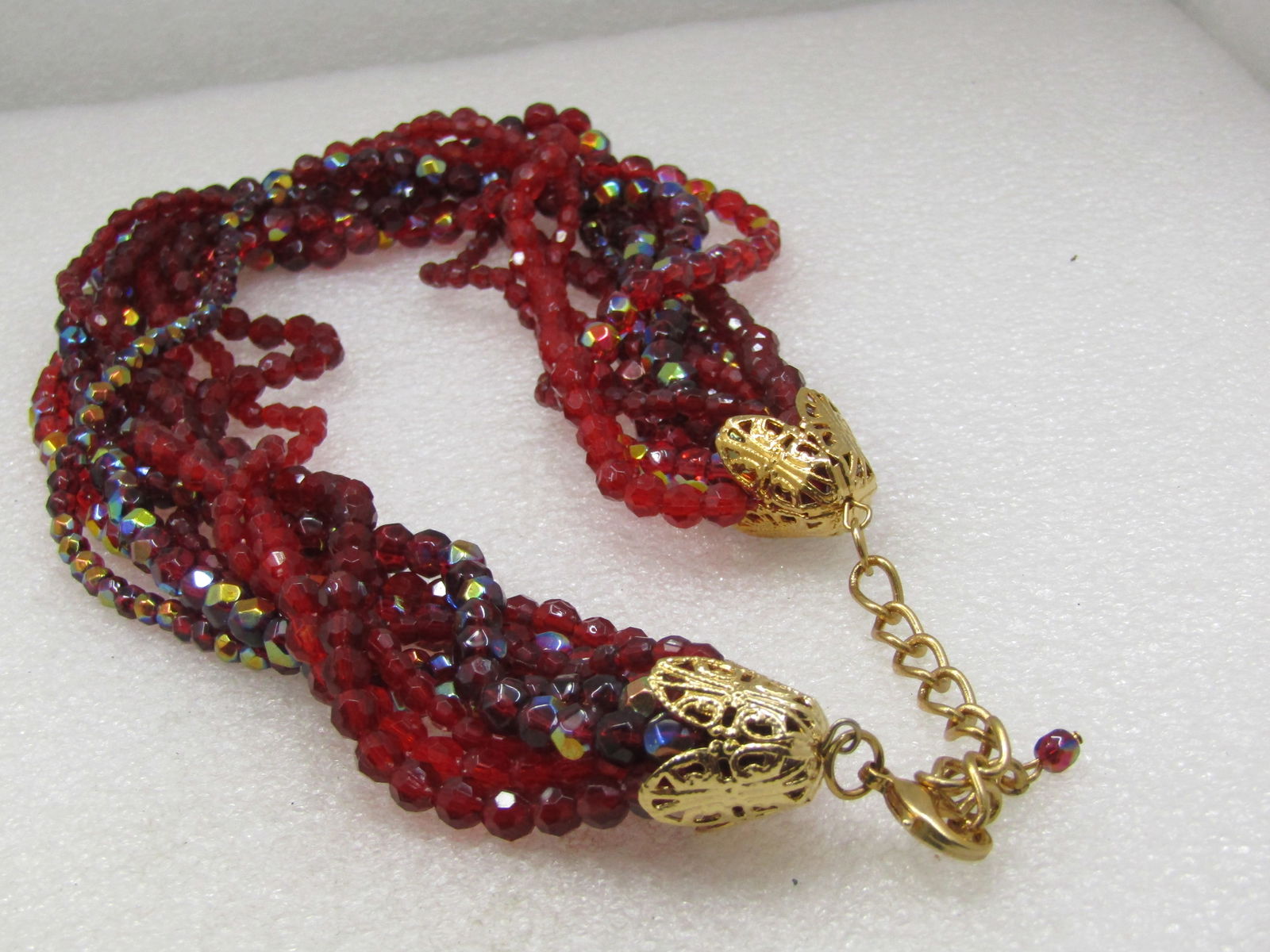 Vintage Red Beaded Torsade Necklace,20", Aurora Borealis - 5