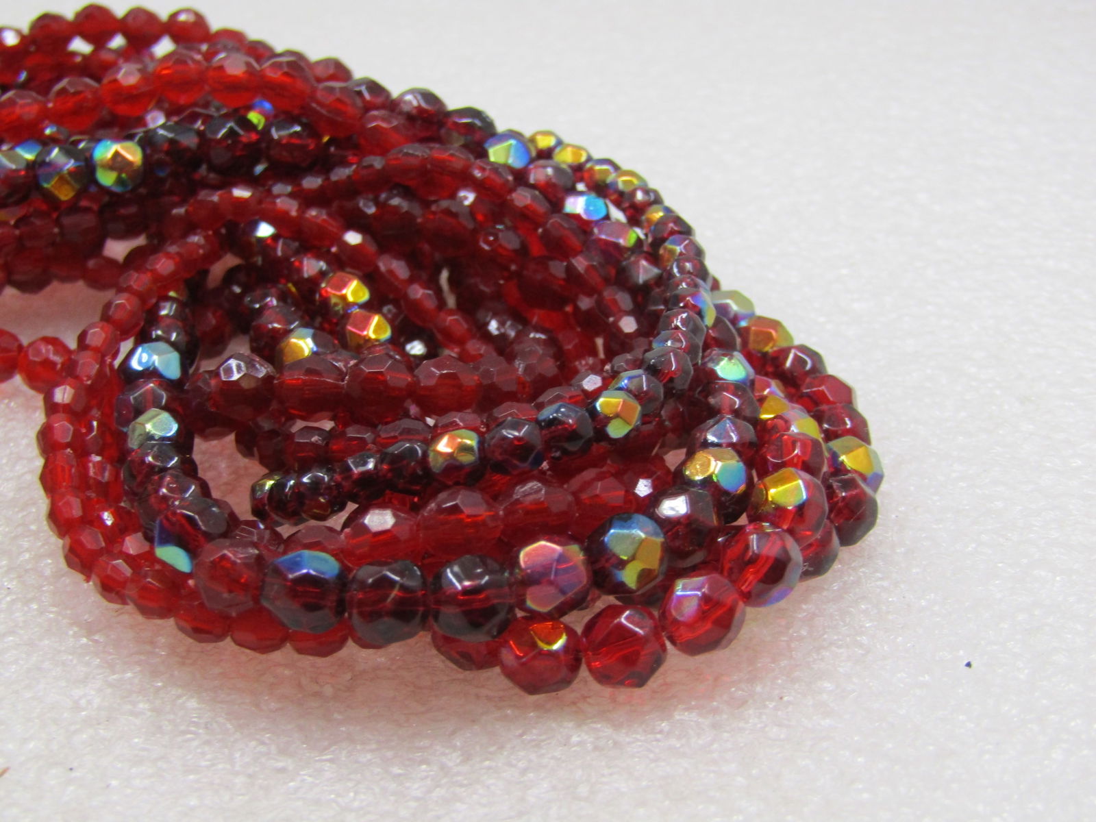 Vintage Red Beaded Torsade Necklace,20", Aurora Borealis - 6