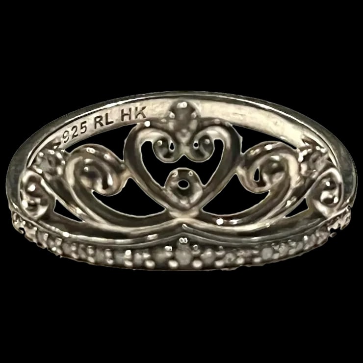 Estate Sterling Silver and Diamond RL HK Princess Tiara Ring: Title: Estate Sterling Silver and Diamond RL HK Princess Tiara Ring Description: Estate Sterling Silver and Diamond RL HK Princess Tiara RingHallmarked: 925 RL HKWeighs 1.9 gramsMeasures Approx. US