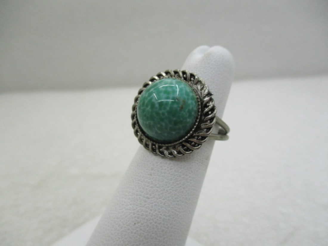 Vintage Peking Glass Adjustable Ring, Sz. 4-7, Silver Tone, 1950's-1960's.: Vintage Peking Glass Adjustable Ring, Sz. 4-7, Silver Tone, 1950's-1960's. 13mm round cabochon in a bezel setting with a sprial frame that is wider than the stone. The setting of the stone is appx. 18