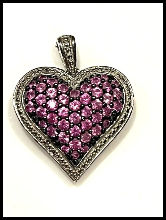 Estate Sterling Silver Heart Pendant with Pink Stones - 2