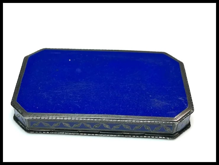 Antique Geometric Pattern Sterling Silver 935 and Enamel Blue Trinket/ Snuff Box - 10