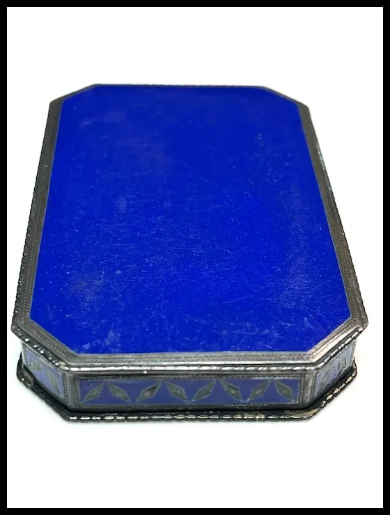 Antique Geometric Pattern Sterling Silver 935 and Enamel Blue Trinket/ Snuff Box - 11