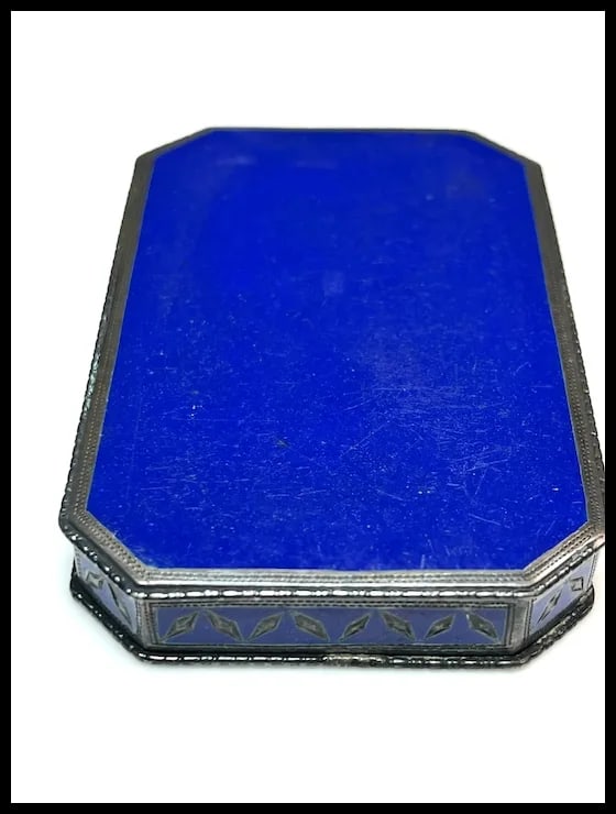 Antique Geometric Pattern Sterling Silver 935 and Enamel Blue Trinket/ Snuff Box - 12