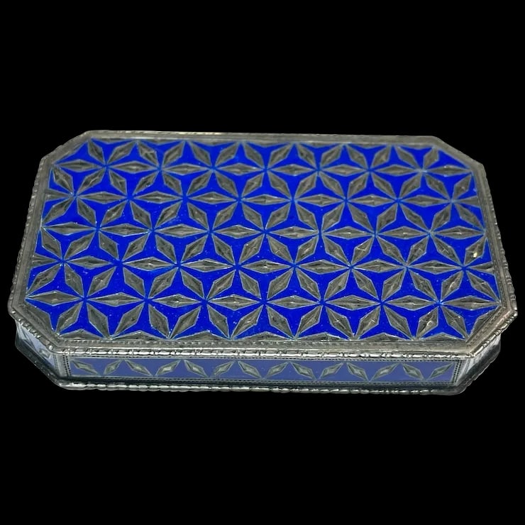 Antique Geometric Pattern Sterling Silver 935 and Enamel Blue Trinket/ Snuff Box (1 of 12)