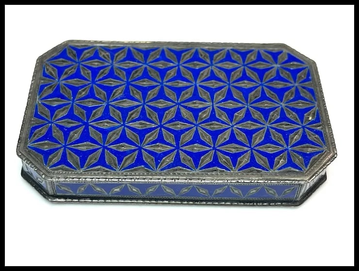 Antique Geometric Pattern Sterling Silver 935 and Enamel Blue Trinket/ Snuff Box - 2