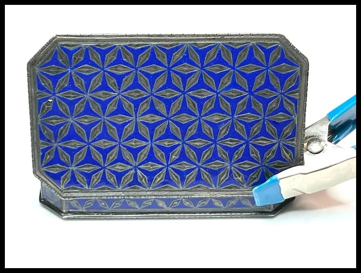 Antique Geometric Pattern Sterling Silver 935 and Enamel Blue Trinket/ Snuff Box - 4