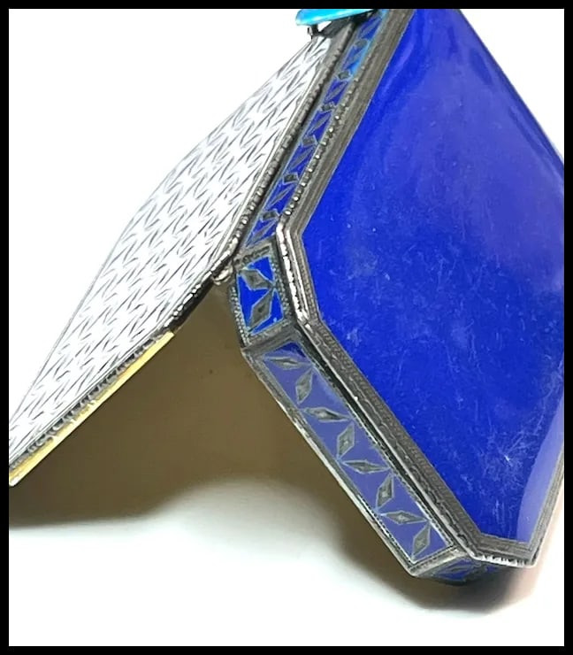 Antique Geometric Pattern Sterling Silver 935 and Enamel Blue Trinket/ Snuff Box - 5
