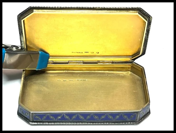 Antique Geometric Pattern Sterling Silver 935 and Enamel Blue Trinket/ Snuff Box - 6