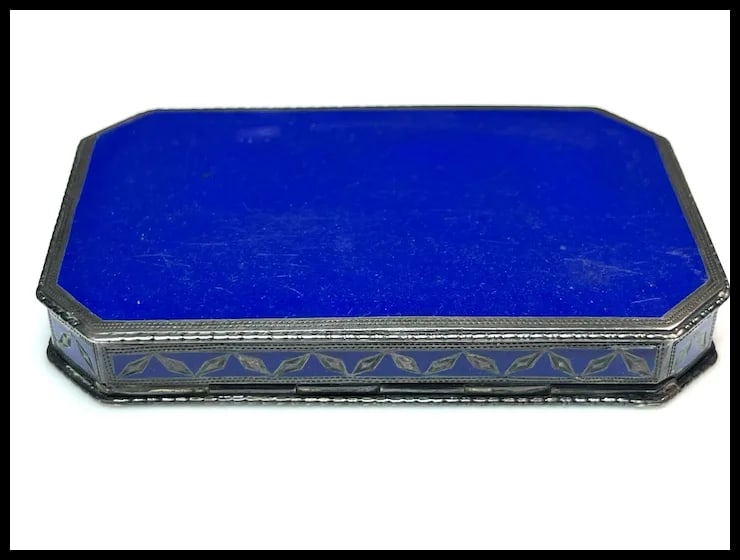 Antique Geometric Pattern Sterling Silver 935 and Enamel Blue Trinket/ Snuff Box - 9