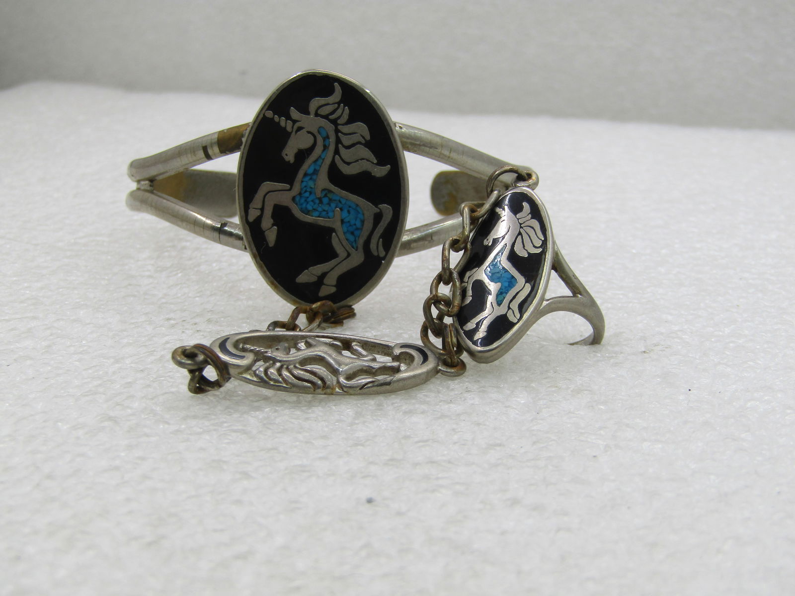 Vintage Inlaid Unicorn Bracelet/Ring Biker Set - Chain Connects Ring/Bracelet, 1980's NL - 2