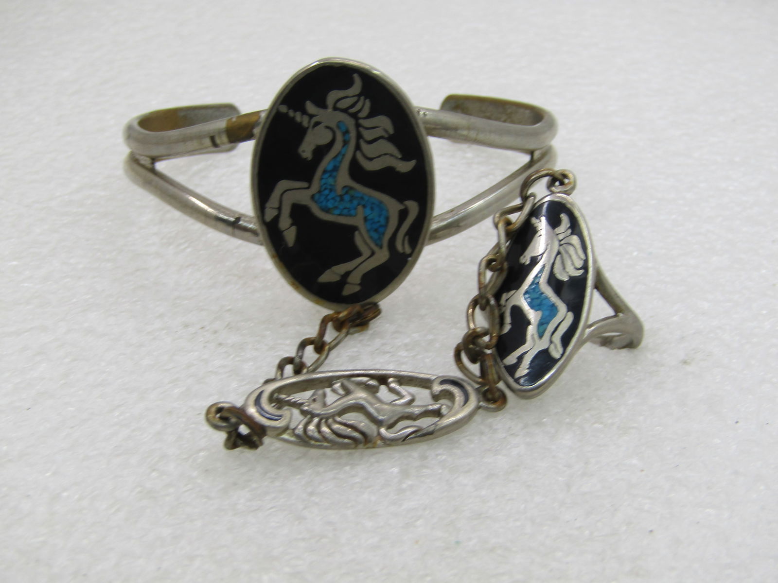 Vintage Inlaid Unicorn Bracelet/Ring Biker Set - Chain Connects Ring/Bracelet, 1980's NL - 4