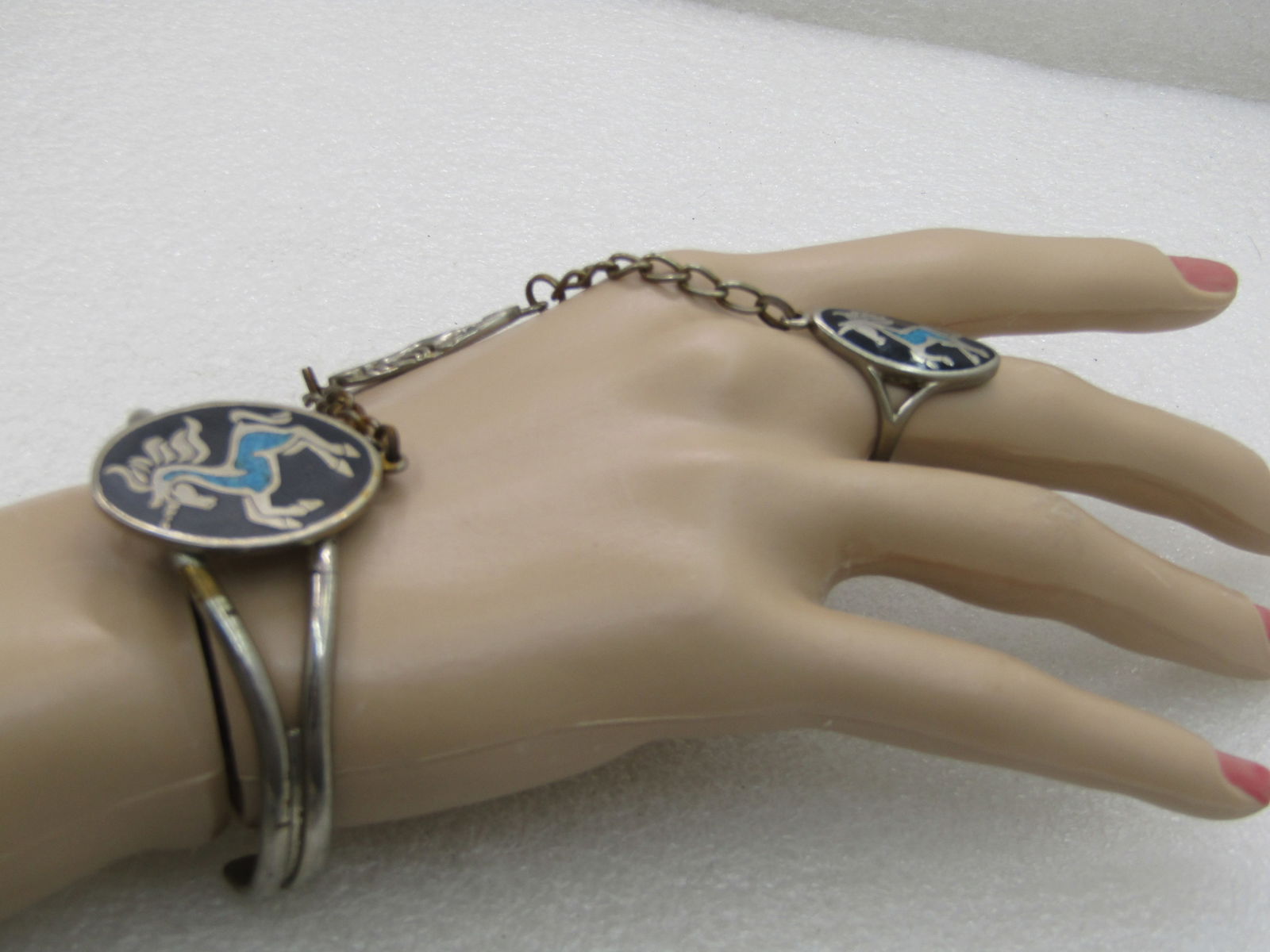 Vintage Inlaid Unicorn Bracelet/Ring Biker Set - Chain Connects Ring/Bracelet, 1980's NL - 6