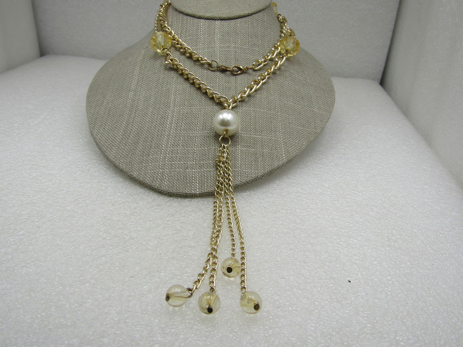 Vintage Faux Pearl Yellow Crackle Tassel Necklace, 28" - 2