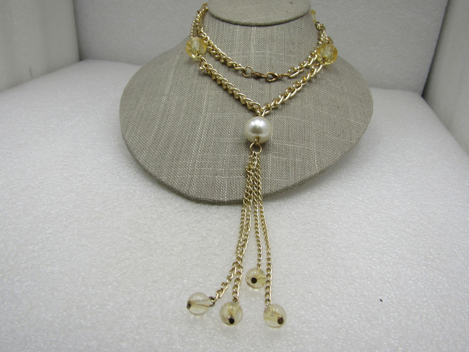 Vintage Faux Pearl Yellow Crackle Tassel Necklace, 28" - 4