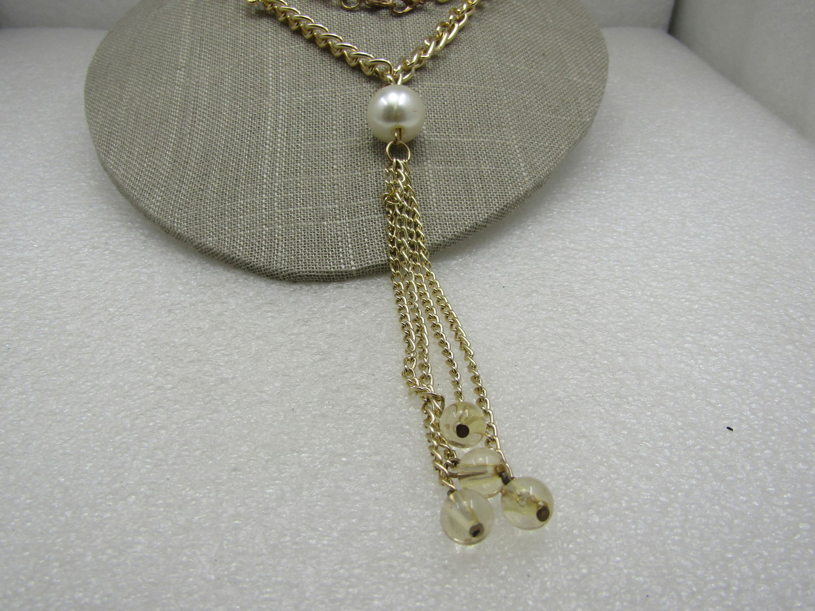Vintage Faux Pearl Yellow Crackle Tassel Necklace, 28" - 5