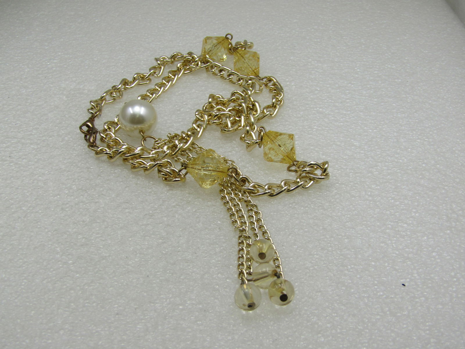Vintage Faux Pearl Yellow Crackle Tassel Necklace, 28" - 6