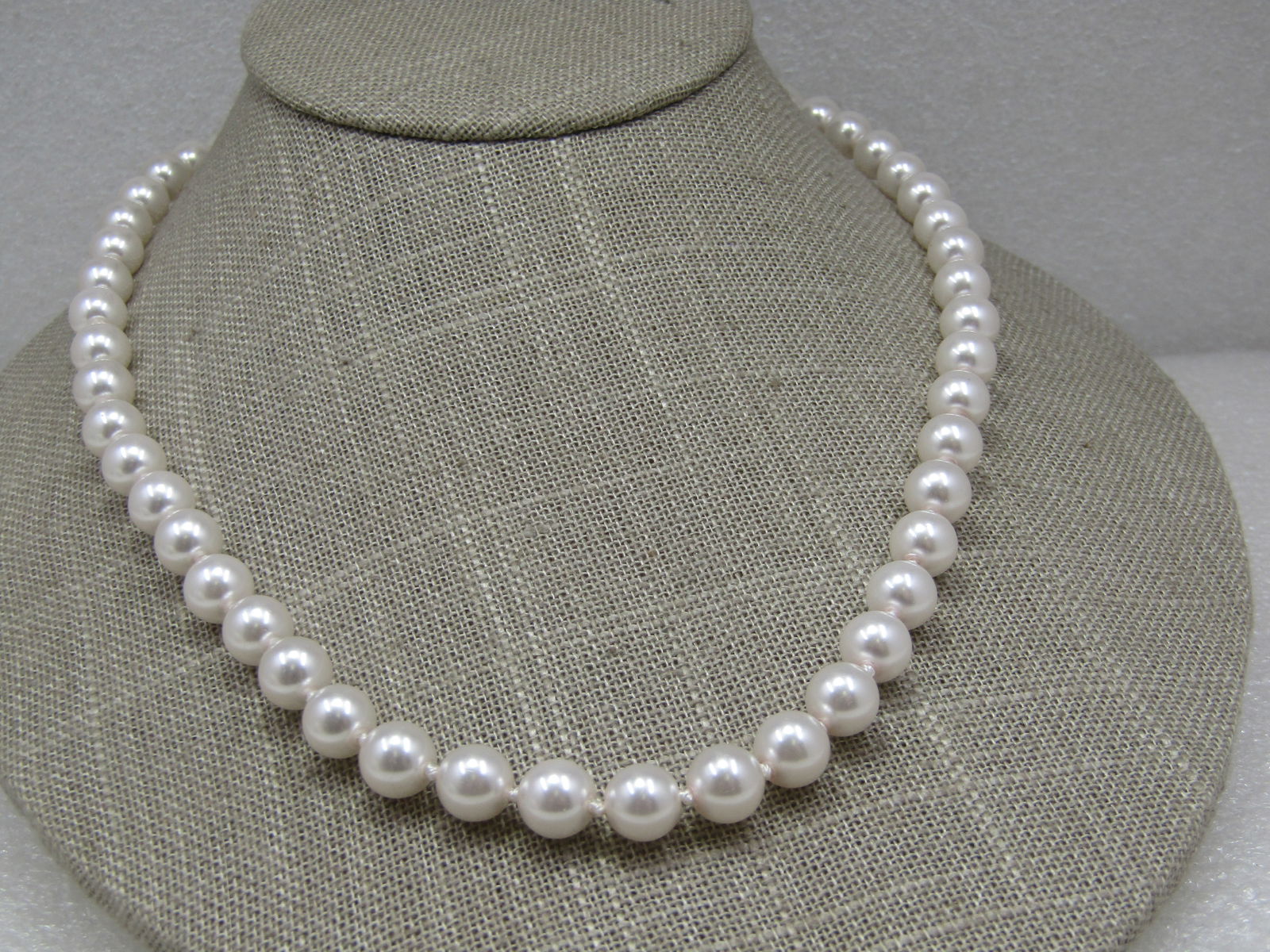 Vintage Faux Pearl Necklace, 18.5", Filigree Clasp, 8mm - 3