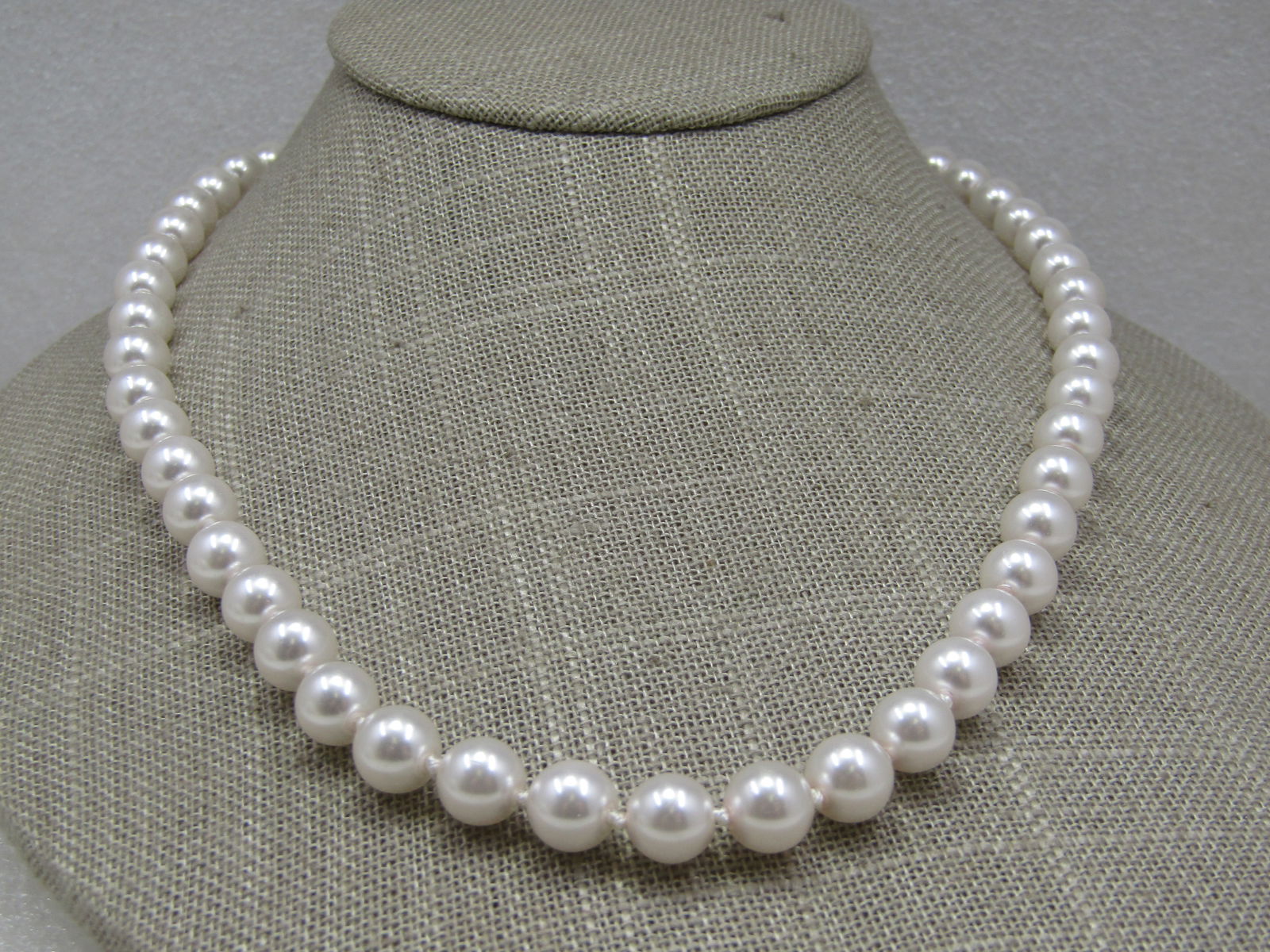 Vintage Faux Pearl Necklace, 18.5", Filigree Clasp, 8mm - 4