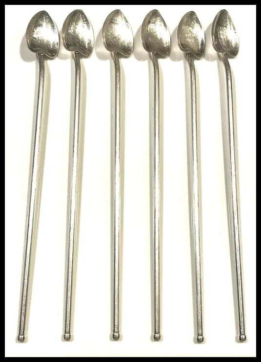 Vintage Set of Six Sterling Silver Heart Iced Tea Spoons/Straws - 2