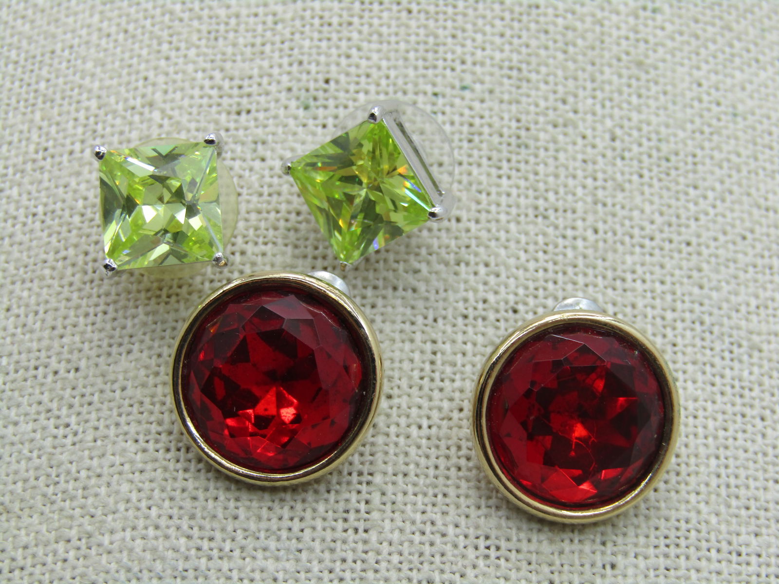 Two Pair, Green CZ & Red Rhinestone Earrings, Pierced Studs - 2