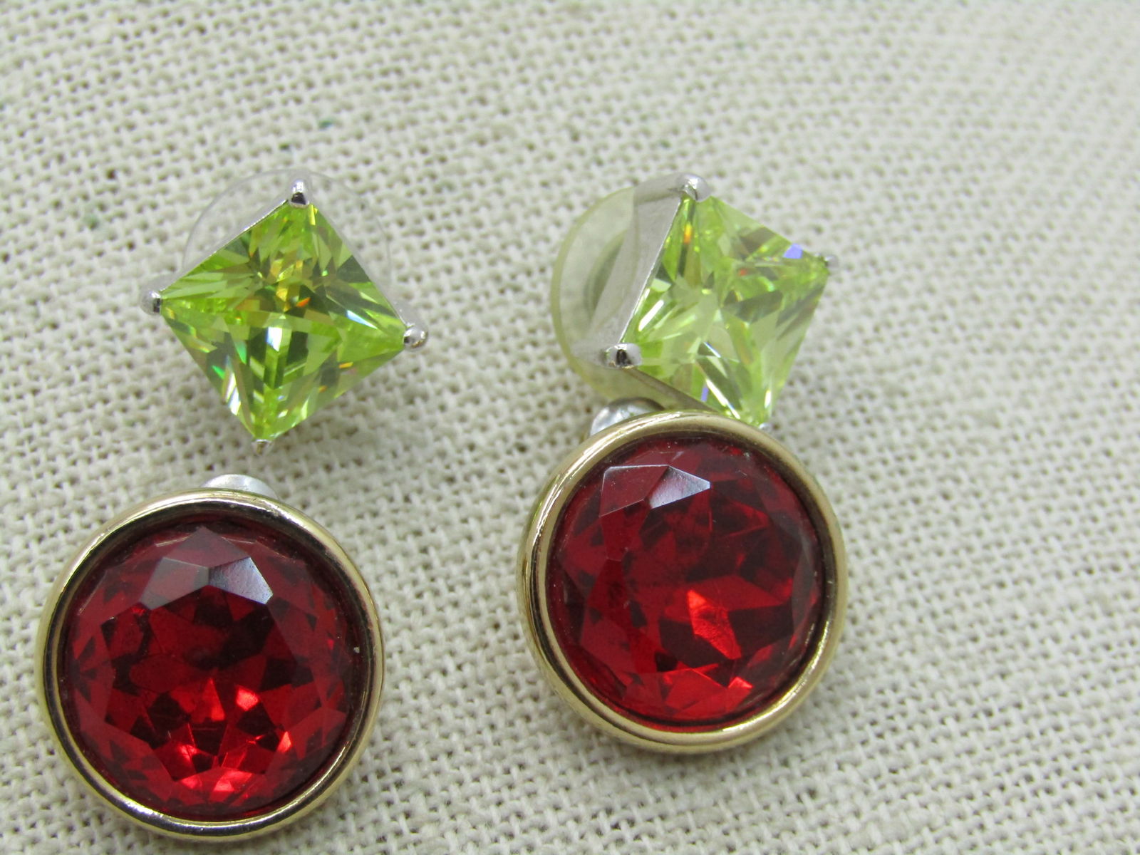 Two Pair, Green CZ & Red Rhinestone Earrings, Pierced Studs - 4