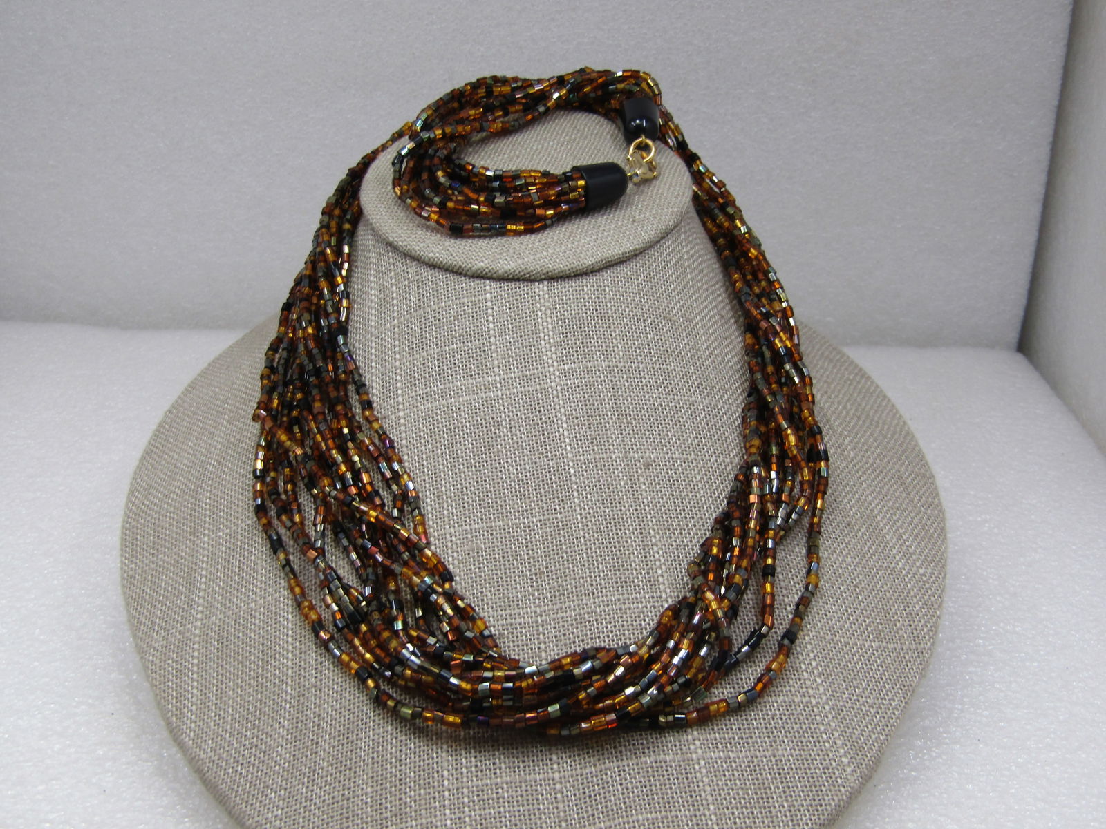 Vintage Black & Amber Torsade Multi-Strand Necklace, 12 Strands, 25" - 2