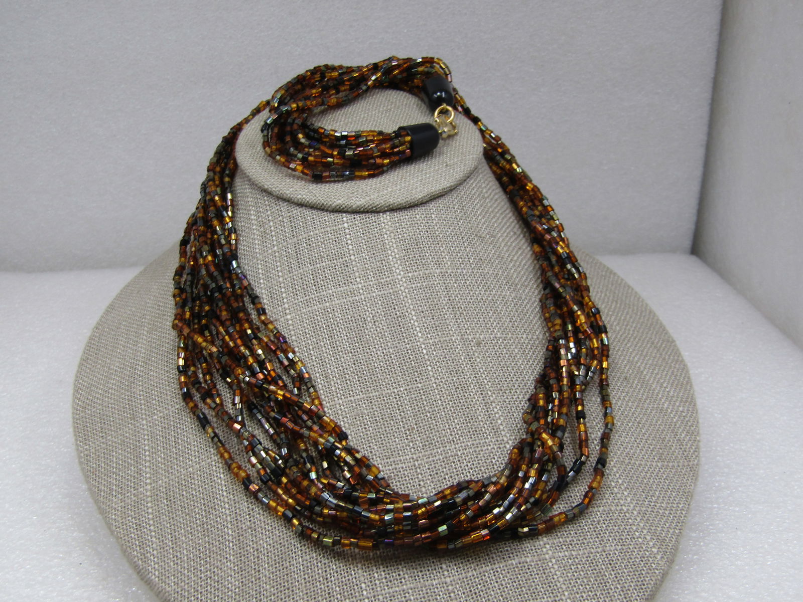 Vintage Black & Amber Torsade Multi-Strand Necklace, 12 Strands, 25" - 3